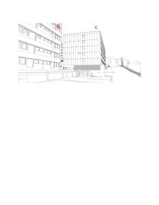 En linjetegning (rendering) som viser en 3D-visualisering av flere bygninger sett fra et visningspunkt. Tegningen illustrerer fasader, volum og omgivelsene.