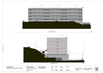 Tegning som viser fasadeoppsettet for bygningen sett fra nord og øst.