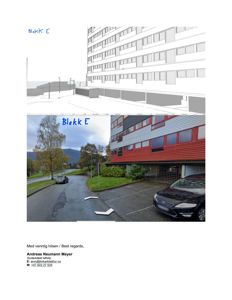 Bildet viser en sammenstilling av en 3D-modell (rendering) av en bygning og et fotografi av en eksisterende bygning (Blokk E).