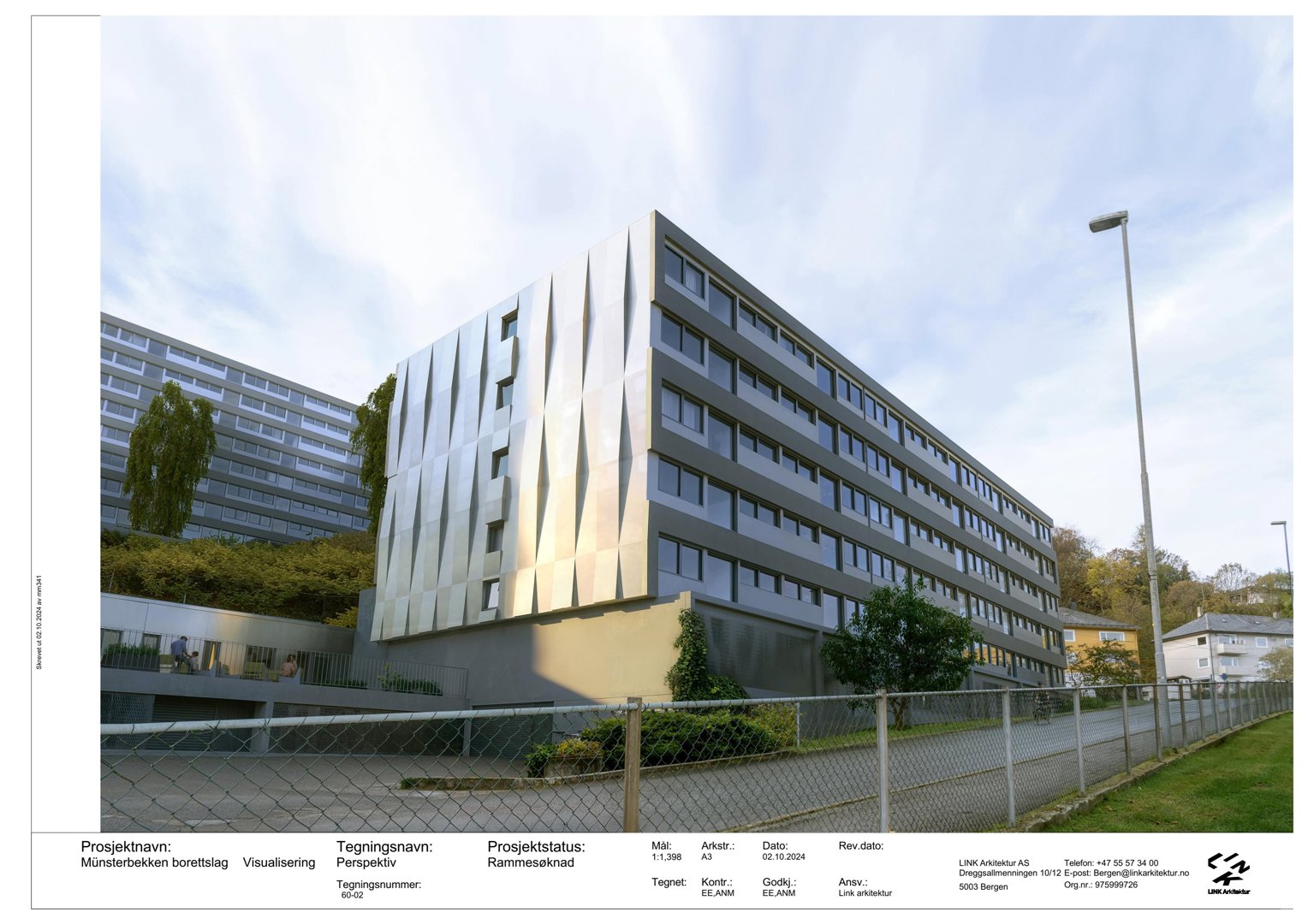 3D-visualisering (perspektiv) av et nytt bygg med detaljert fasade og omgivelser.