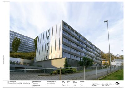 3D-visualisering (perspektiv) av et nytt bygg med detaljert fasade og omgivelser.