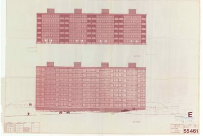 Fasadetegning som viser bygningens utseende sett fra to ulike vinkler (Nord og Syd).