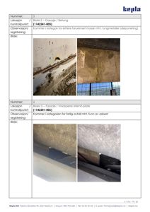 Fotografier av skader og materialer i en bygning, inkludert en betongvegg med mugg og en vindsperreramme med asbest.