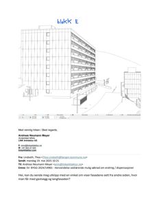 En tegning som viser fasaden på en bygning (blokk E) sett fra en vinkel, inkludert omgivelsene.