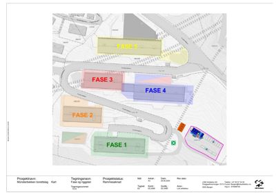 Situasjonsplan som viser plassering av ulike byggefaser (1-5) i forhold til eksisterende veier og eiendomsgrenser.
