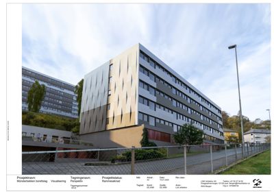 3D-visualisering (perspektiv) av et nytt bygg i en eksisterende omgivelse.