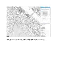 Kartutsnitt som viser et område med bygningsmasse, infrastruktur og vannveier, med en sidepanel med kartlag (layers) og en tekstbeskrivelse om hensynssoner.