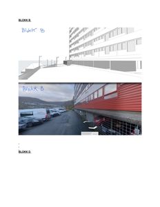 Fotografi av fasaden på en bygning (Blokk B) sett fra bakkenivå, med parkerte biler i forgrunnen.