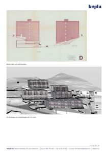 Bildet viser en 3D-visualisering (rendering) av et borettslag sett fra nord, samt en tegnet fasade av blokk D.