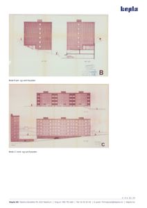 Fasadetegninger for to byggeblokker (B og C) med oppriss av fasader og terrengforhold.