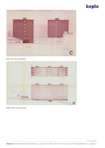 Fasadetegninger for to byggeblokker (C og D) med oppriss av fasader og grunnplaner.