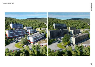 Fotografisk sammenligning av et byggeprosjekt før (venstre) og etter (høyre) ombygging eller renovering.