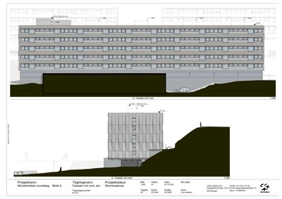 Fasadetegning som viser bygningens utseende sett fra nord og vest, inkludert detaljer om vinduer, takhøyder og terrengforhold.