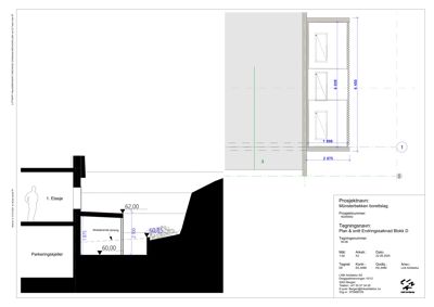 Snittegning som viser tverrsnitt gjennom bygningen fra parkeringskjeller til 1. etasje, med mål og konstruksjonsdetaljer.