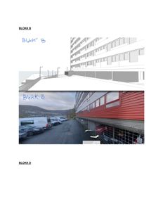 Et sammensatt bilde som viser en tegning av fasaden til 'BLOKK B' øverst, og en fotokopi av selve bygningen nederst.