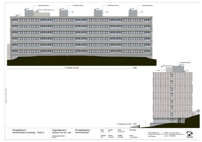 Fasadetegning som viser bygningens utseende fra øst (E Fasade mot sør) og vest (E Fasade mot vest), inkludert høydeangivelser og eksisterende heis.