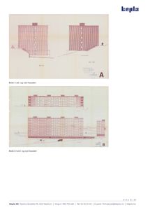 Fasadetegninger for to byggeblokker (A og B) med angivelse av retninger (øst/vest og nord/syd).