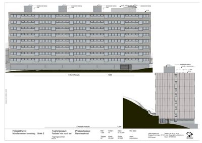 Fasadetegning som viser bygningens utsyn mot nord og øst, inkludert høydeangivelser og detaljer om fasadebehandling.
