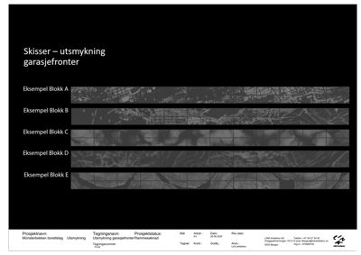 Et dokument som viser en samling av skisseutkast (renderinger) for utsmykning av garasje fronter, presentert som en sammenligning av ulike blokkalternativ.