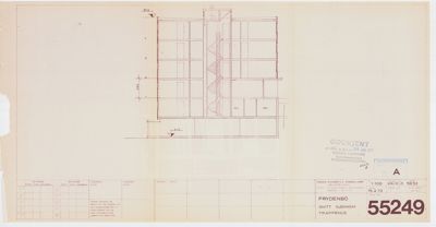 Snittegning (snitt gjennom) av et trappehus i Frydenbø, som viser konstruksjonen og romfordelingen.