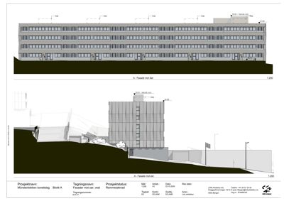 Bildet viser fasadetegninger for et bygg (Münsterbekken borettslag). Det er to tegninger: en fasade mot sør (A - Fasade mot sør) og en fasade mot vest (A - Fasade mot vest).
