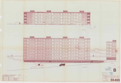 Fasadetegning som viser bygningens utseende fra to ulike vinkler (sør og nord).