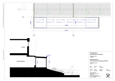 Snittegning (snitt A-B) som viser bygningens tverrsnitt med høyder, etasjer og terrengforhold.