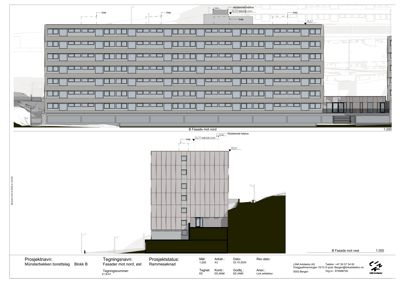 Fasadetegning som viser bygningens utseende sett fra nord og vest, inkludert høydeangivelser og omgivelsers terreng.