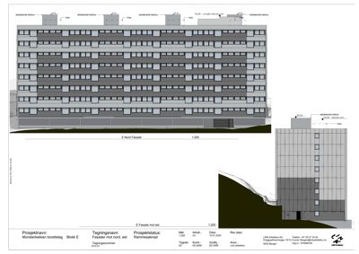 Fasadetegning som viser bygningens utseende fra nord og øst, inkludert eksisterende fasade, nye vinduer og terrassene.