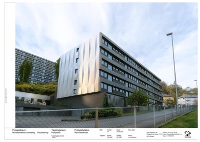 3D-visualisering (rendering) av et bygningsskjema med omgivende landskap og himmel.