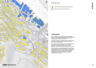 Kart over et byområde med bygningsfotfot, gater og et uthevet område (dashed line) som er analysert i teksten.