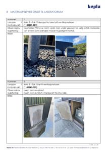 Fotografier av materialprøver fra tak og dør på ventilasjonshuset, inkludert takpapp og dørpanel.