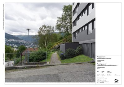 Fotografi av en bygning (Endringssaknad Blokk B) med omgivende natur og landskap.