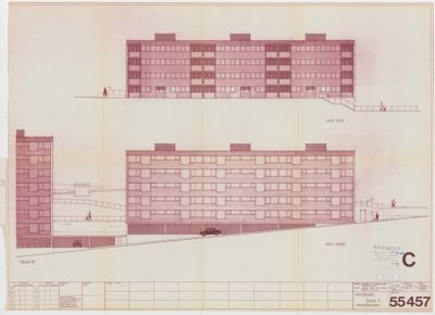 Fasadetegning som viser bygningens utseende sett fra to ulike retninger (mot syd og mot nord).