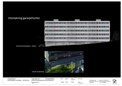 En 3D-visualisering som viser fasadeoppuss for garasjeetasje (blokk C) og et utsnitt av bygningens nederste del med trapper og vegetasjon.