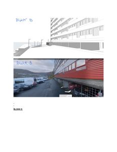 Bildet viser en sammenstilling av en 3D-rendering (øverst) og et fotografi (nederst) av en bygning kalt 'Blokk B'.