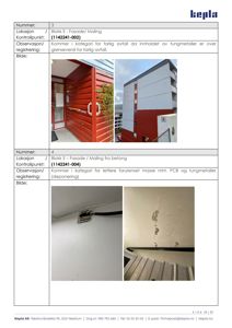 Fotografier av fasade og detaljer på en bygning, inkludert etasjeplaner og maling.