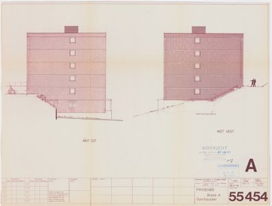 Fasadetegning som viser bygningens utseende sett fra øst og vest.