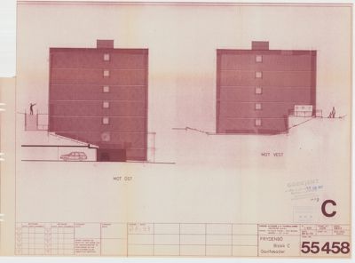 Fasadetegning som viser bygningens utseende sett fra øst og vest.