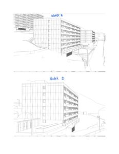 En linjetegning (rendering) som viser fasadeutsnitt av to bygninger, merket 'blokk B' og 'blokk D'.