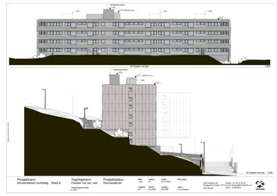 Snittegning som viser bygningens fasade mot sør og vest, inkludert terrengforhold, eksisterende hustomt og teknisk detaljering av konstruksjonen.