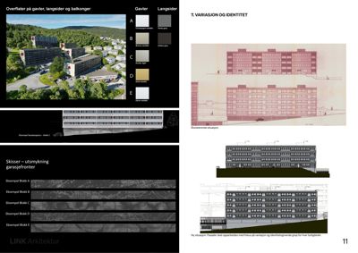 Fotografi av eksisterende bygning med overlappende fasadevalg og skisser for garasjeutsmykning.