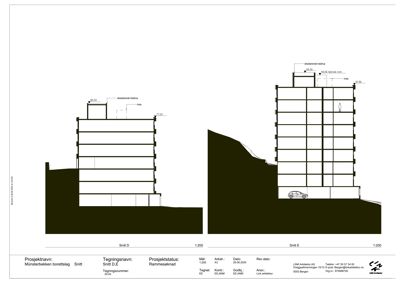 Snittegning (Snitt D og Snitt E) som viser bygningens høydeprofil, etasjer, terrassering og eksisterende helthuss.