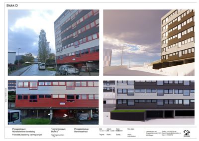 Fotografier av eksisterende bygning (venstre side) og 3D-visualisering av fasade (høyre side) for prosjektet 'Münsterbekken borettslag'.