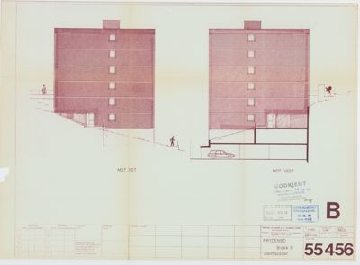 Oppriss av fasade for to bygninger (Mot Øst og Mot Vest) med detaljer om trapper, vinduer og terrengforhold.
