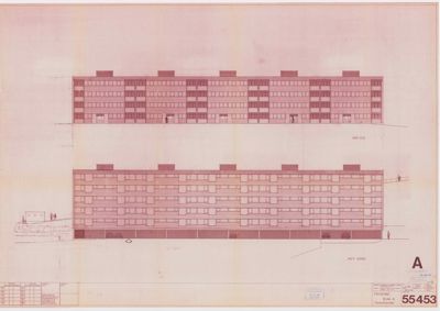 Fasadetegning som viser bygningens utseende sett fra nord og syd.