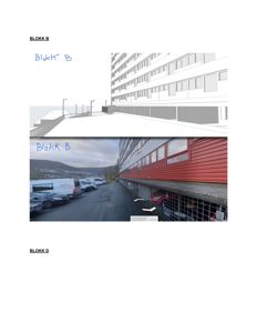 Fotografi av en bygning (Blokk B) sett fra siden, med parkerte biler og en bakgrunn med fjell.