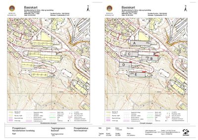 Basiskart (situasjonsplan) som viser eksisterende og omåket situasjon med bygninger, vegnett og terrengforhold.