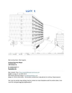 En tegning som viser fasaden til en bygning (blokk E) sett fra siden.