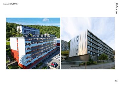 Fotografier av to ulike fasader på et fleretasjes bygg, presentert som referanser.